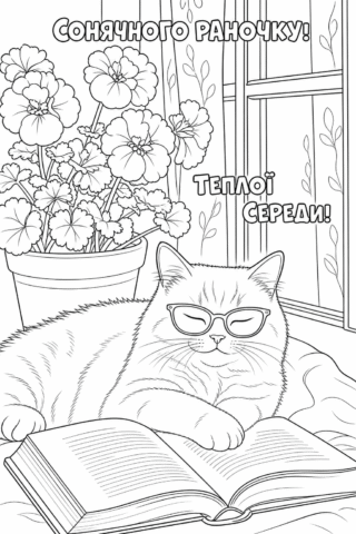 Розмальовка Сонячного ранку тепла середа кіт з книгою скачати та роздрукувати в форматі А4