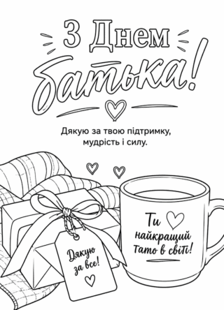 Розмальовка листівка З Днем батька – дякую за підтримку скачати та роздрукувати в форматі А4