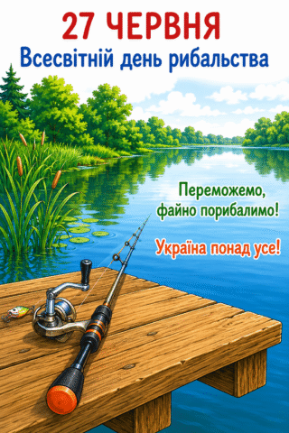 Малюнок Всесвітній день рибальства – вудка на причалі біля річки скачати та роздрукувати в форматі А4