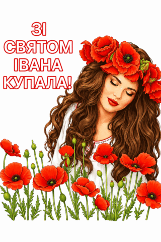 Малюнок Зі святом Івана Купала – дівчина у квітковому вінку скачати та роздрукувати в форматі