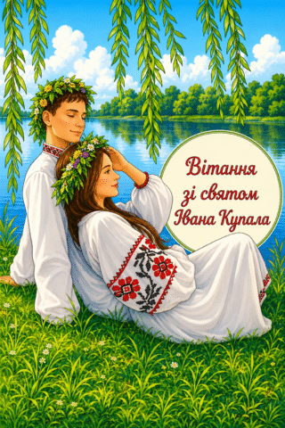 Малюнок Вітання зі святом Івана Купала – закохана пара біля річки скачати та роздрукувати в форматі А4