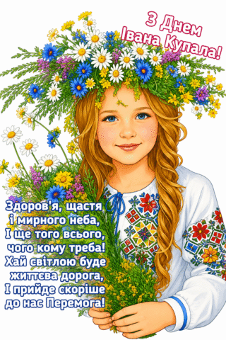 Малюнок З Днем Івана Купала – дівчина у вінку з польових квітів скачати та роздрукувати в форматі А4