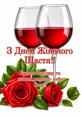 Малюнок Троянди та келихи З Днем жіночого щастя скачати та роздрукувати в форматі А4