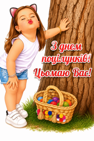 Привітання З Днем поцілунків – Дівчинка надсилає повітряний поцілунок скачати та роздрукувати в форматі А4