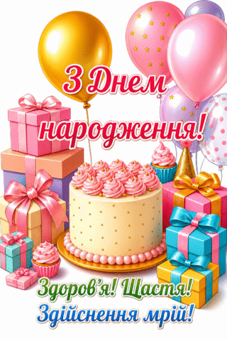 Привітання З Днем народження з тортом, повітряними кульками та подарунками скачати та роздрукувати в форматі А4