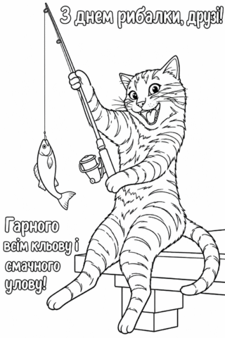Розмальовка З Днем рибалки – кіт з вудкою та великим уловом скачати та роздрукувати в форматі А4