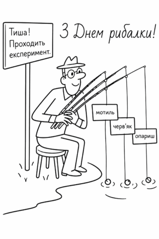 Розмальовка З Днем рибалки – тиша, три вудки та рибальський експеримент скачати та роздрукувати в форматі А4