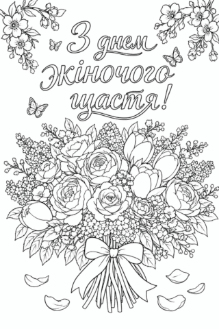 Розмальовка Букет квітів З Днем жіночого щастя скачати та роздрукувати в форматі А4