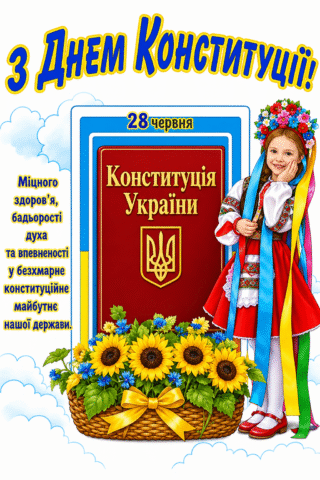 Вітання Листівка до Дня Конституції України з дівчинкою у вінку та соняшниками скачати та роздрукувати в форматі А4