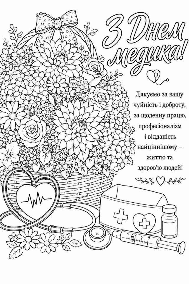 Розмальовка Листівка З Днем медика з кошиком квітів скачати та роздрукувати в форматі А4