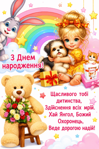 Вітання. Листівка з Днем народження, для дитини з ведмедиком