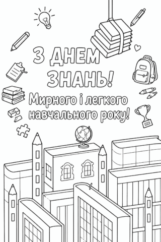 Розмальовка З Днем знань! Мирного і легкого навчального року — скачати та роздрукувати в форматі А4