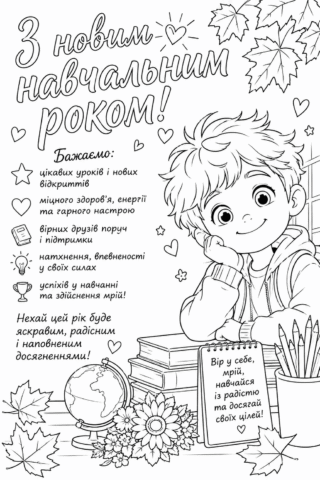 Розмальовка З новим навчальним роком! Побажання школяру — скачати та роздрукувати в форматі А4