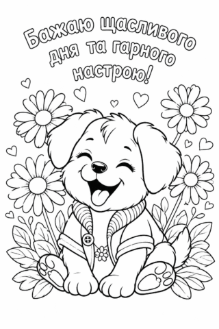Розмальовка Веселе цуценя в ромашках з побажанням гарного настрою скачати та роздрукувати в форматі А4