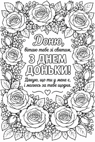 Розмальовка «З Днем Доньки!» — квіткова листівка для донечки скачати та роздрукувати в форматі А4