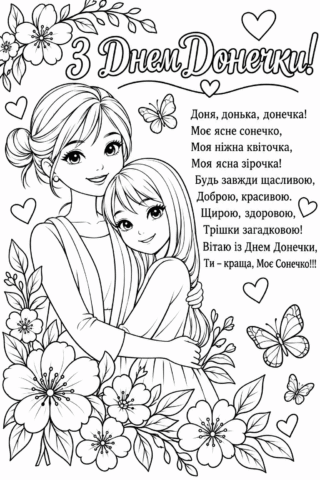 Розмальовка «З Днем Донечки!» — мама і донька скачати та роздрукувати в форматі А4