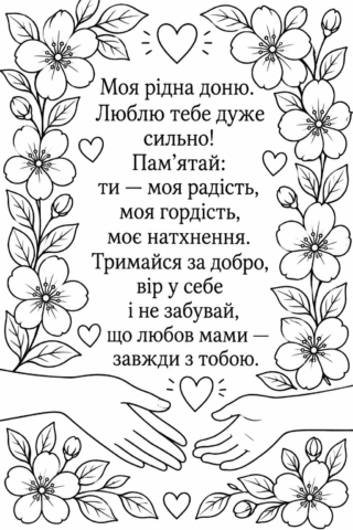 Розмальовка «Моя рідна доню, люблю тебе дуже сильно!» скачати та роздрукувати в форматі А4