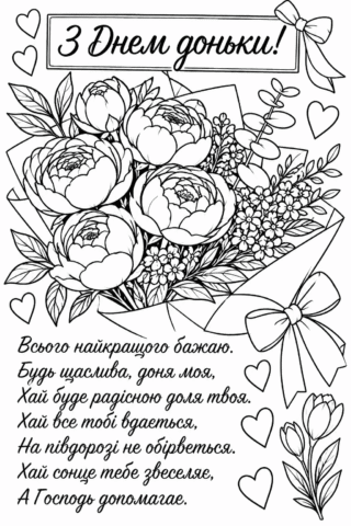 Розмальовка «З Днем доньки! Найкращого бажаю» — квіти скачати та роздрукувати в форматі А4