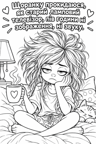 Розмальовка «Кумедна дівчина з кавою та котиком» скачати та роздрукувати в форматі А4