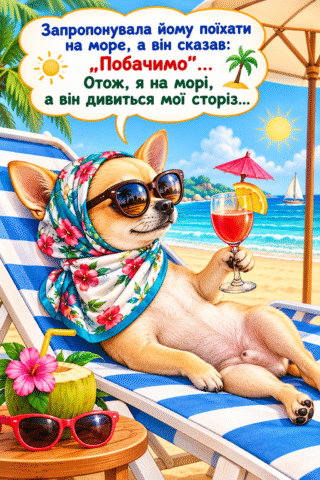 Гумор. пес на морі — жартівлива листівка