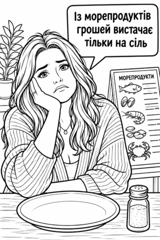 Розмальовка «Із морепродуктів грошей вистачає тільки на сіль» — скачати та роздрукувати в форматі А4