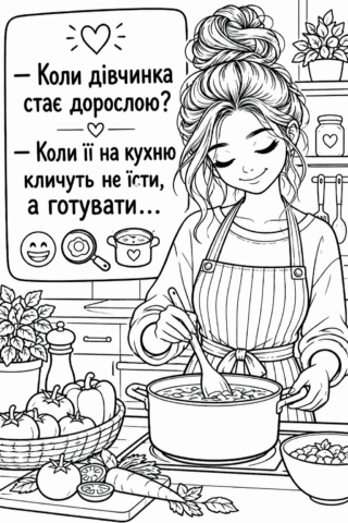 Розмальовка «Кумедна дівчина з кавою та котиком» скачати та роздрукувати в форматі А4