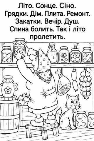 Розмальовка «Літо, дача та консервація» скачати та роздрукувати в форматі А4