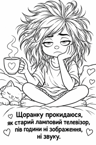 Розмальовка «Щоранку прокидаюся, як старий ламповий телевізор» — скачати та роздрукувати в форматі А4