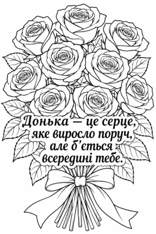 Розмальовка «Донька — це серце, яке виросло поруч» — букет троянд скачати та роздрукувати в форматі А4