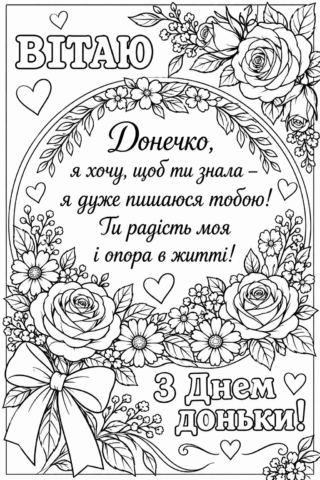Розмальовка «З Днем Доньки!» — «Донечко, ти моя радість і опора» скачати та роздрукувати в форматі А4
