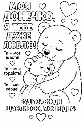 Розмальовка «Моя донечко, я тебе дуже люблю» скачати та роздрукувати в форматі А4