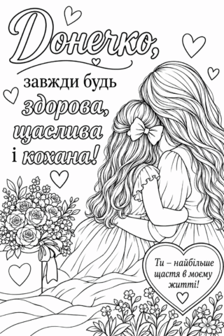 Розмальовка «Донечко, завжди будь здорова, щаслива і кохана!» скачати та роздрукувати в форматі А4