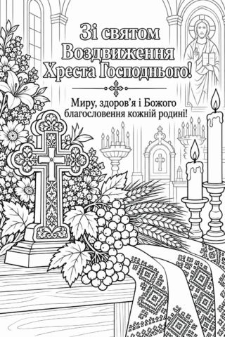 Розмальовка «Зі святом Воздвиження Чесного Хреста Господнього!» — скачати та роздрукувати в форматі А4