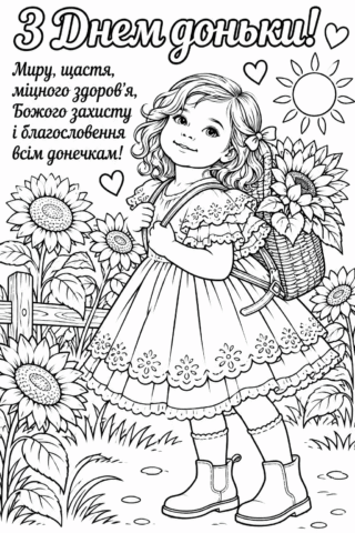 Розмальовка «З Днем Доньки!» — дівчинка із соняшниками скачати та роздрукувати в форматі А4
