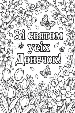 Розмальовка «Зі святом усіх донечок!» — квіти та метелики скачати та роздрукувати в форматі А4