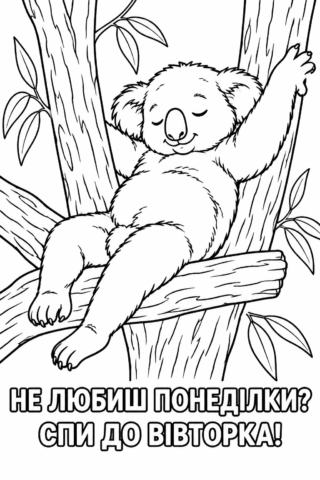 Розмальовка «Коала спить до вівторка» скачати та роздрукувати в форматі А4