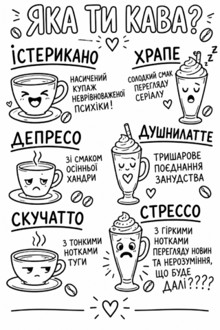 Розмальовка «Яка ти кава?» — скачати та роздрукувати в форматі А4