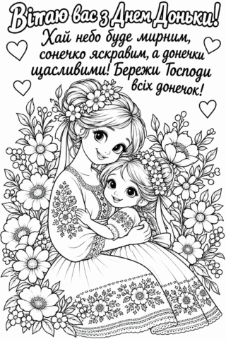 Розмальовка «З Днем доньки! Мама та донечка» скачати та роздрукувати в форматі А4
