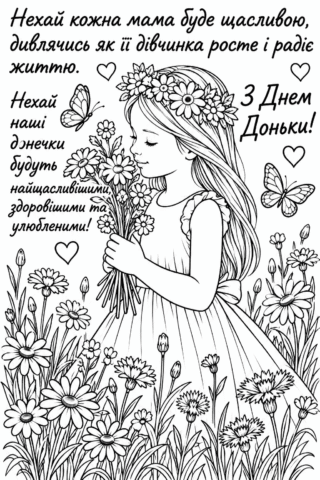 Розмальовка «З Днем доньки! Нехай наші донечки будуть найщасливішими» скачати та роздрукувати в форматі А4