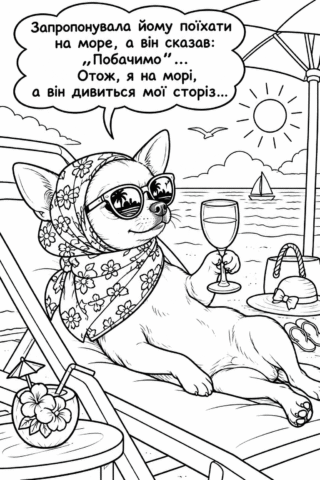 Розмальовка «Песик на морі — веселий відпочинок» скачати та роздрукувати в форматі А4
