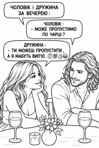 Розмальовка «Чоловік і дружина за вечерею» — скачати та роздрукувати в форматі А4