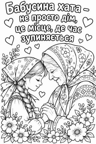 Розмальовка «Бабусин будинок — місце, де час зупиняється» скачати та роздрукувати в форматі А4